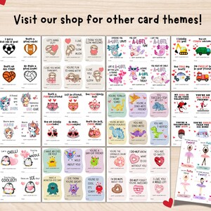 Op de afbeelding: Een set met printbare Valentijnsdagkaarten met verschillende thema's, waaronder sport, dieren, dinosaurussen en eenhoorns. De kaarten zijn ontworpen met kleurrijke illustraties en leuke boodschappen.