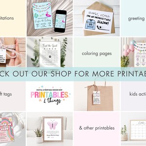 May include: A collage of printable designs for various occasions, including invitations, greeting cards, coloring pages, gift tags, and kids activities. The designs feature bright colors and fun themes.
