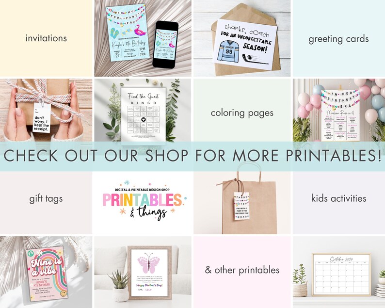 May include: A collage of printable designs for various occasions, including invitations, greeting cards, coloring pages, gift tags, and kids activities. The designs feature bright colors and fun themes.
