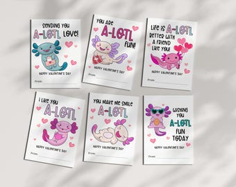 Axolotl-valentijnskaarten voor kinderen: afdrukbaar VDay-cadeaukaartje (pdf)