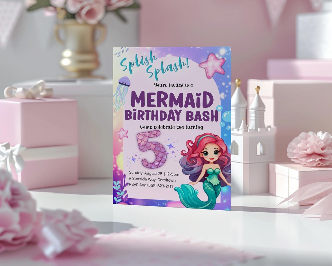 Splish Splash It's a Mermaid Birthday Bash Party Invitation, Girl Swim ...