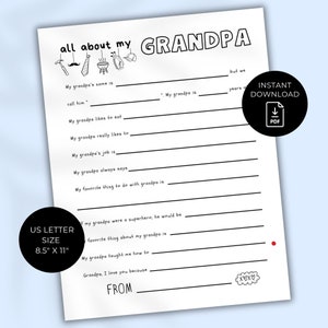Vatertag Alles über Opa ausfüllen druckbare Fertigkeit, Großvater Geschenk vom Kind, Kid Craft für Großeltern, Andenken für Poppa