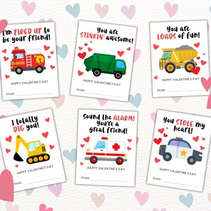 Valentijnsdagkaarten met vrachtwagenthema voor kinderen, auto's vrachtwagens VDay-cadeaukaartjes voor studenten Klasgenoten klas, kleine jongen afdrukbare Valentijn
