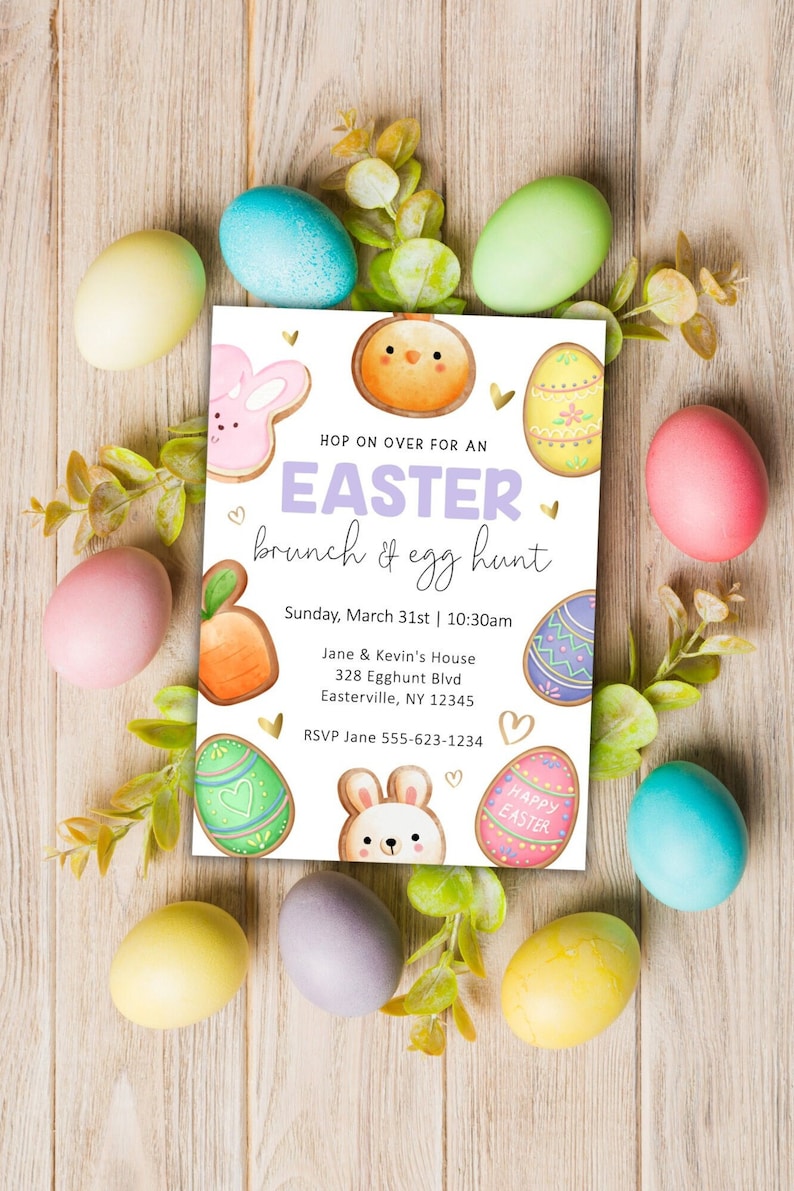 May include: An Easter brunch invitation with a purple background and a white border. The invitation features a variety of Easter-themed cookies, including a bunny, a chick, and an egg. The text on the invitation reads "Hop on over for an Easter brunch & egg hunt." The invitation also includes the date, time, and location of the event.