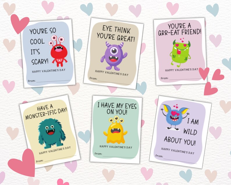 Monster Valentine's Day Cards for Kids, Printable Vday Cards (PDF) - Etsy