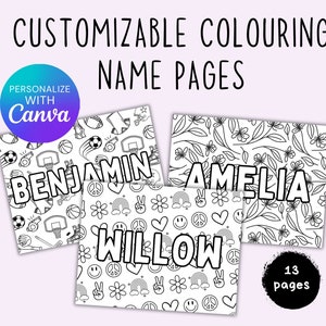 Páginas para colorear personalizables con nombres, páginas para colorear con nombres personalizados y editables para niños, páginas para colorear imprimibles para niños, actividades para niños con descarga instantánea