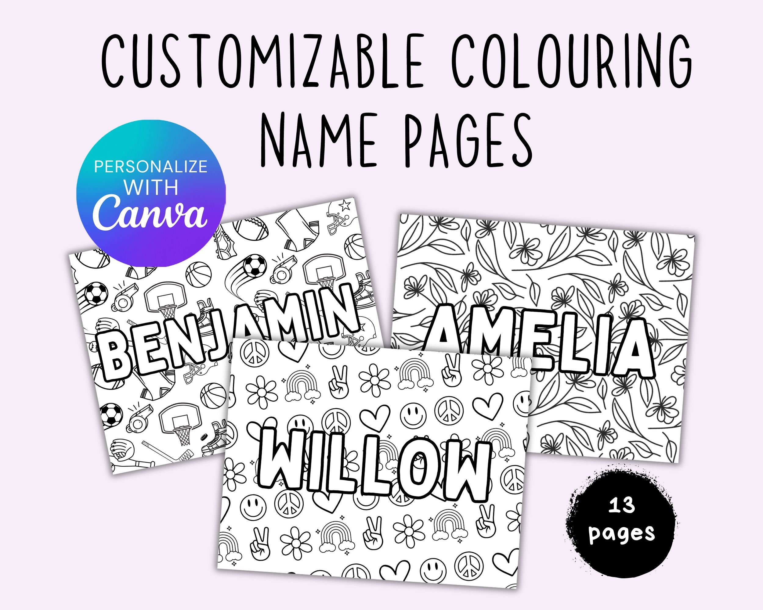Custom Name Coloring Pages: 13 Kids Activity Sheets (Digital Download)