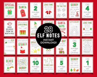 Puede incluir: Un conjunto de 28 notas de duendes imprimibles para Navidad. Las notas presentan una variedad de temas festivos, que incluyen Papá Noel, duendes, villancicos navideños y la cuenta regresiva hasta Navidad. Las notas están diseñadas para colocarse alrededor de la casa para que los niños las encuentren cada día hasta Navidad.