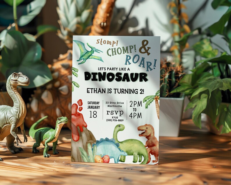 Invitación de cumpleaños de dinosaurio: ¡Pisotón, rugido y más! Invitación editable para fiesta de dinosaurios (descarga digital) imagen 1