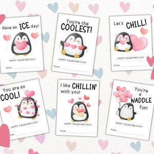 Cartes de Saint-Valentin pour enfants, étiquettes cadeaux pingouin Saint-Valentin, cartes de vœux imprimables pour la salle de classe, carte de pingouin cool, camarade de classe