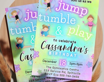 May include: A colorful invitation to a gymnastics-themed birthday party for Cassandra. The invitation features a rainbow background with stars and the text "Join us as we jump, tumble & play to celebrate Cassandra's Birthday." The date is December 18th, the time is 2pm-5pm, and the location is The Gymnastics Centre, 223 Service Rd, Splitsville. The RSVP number is 555-764-3456.