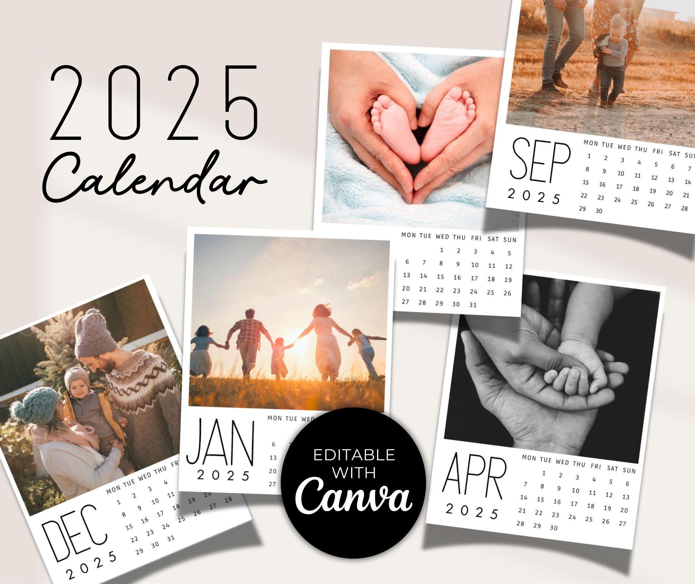 Bearbeitbarer 2025 Fotokalender, Mini-Monatskalender, personalisiertes druckbares Weihnachts- oder Geburtstagsgeschenk, benutzerdefinierter monatlicher Bildwandkalender