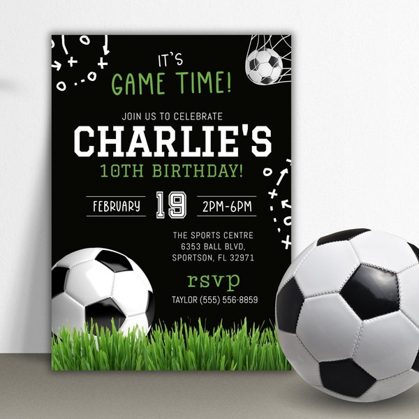 Soccer Birthday Party Invitation, Kid Soccer Invite, Boy Invitation, It's Game Time Football Game Invite, Instant Download,Editable Template