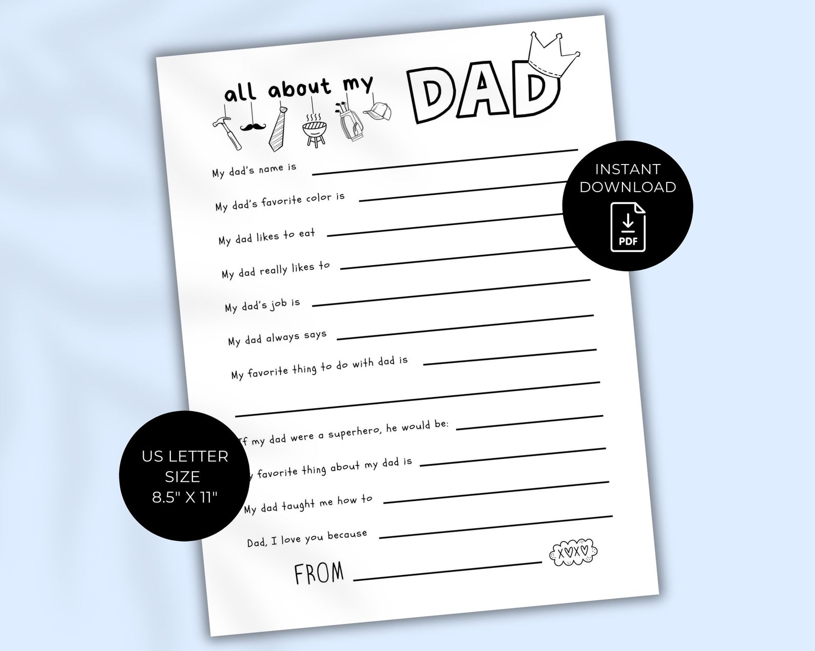 Father's Day Fill in the Blanks Printable: All About Dad Keepsake (PDF ...
