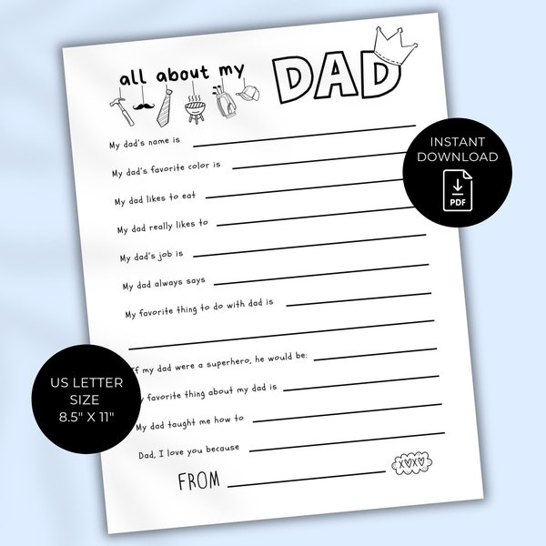 Father's Day All About Dad Fill In Blanks Printable Craft, Gift for Dad from Child, School or Daycare Craft, Fathers Day Keepsake for Daddy