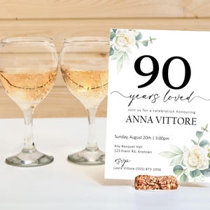 90e 80e 70e verjaardagsuitnodiging voor feest, Floral Years Loved Invite, viering voor senior, oudere volwassene verjaardag uitnodigen, bewerkbare sjabloon