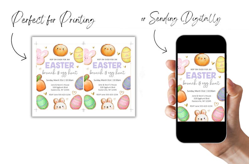May include: An Easter brunch invitation with a purple and white background. The invitation features a bunny, eggs, and a carrot. The text reads "Hop on over for an Easter brunch & egg hunt".