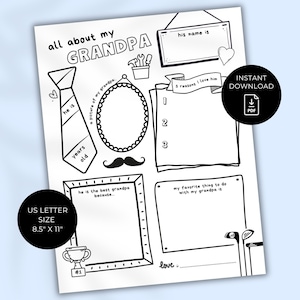 Op de afbeelding: Een uitprintbaar zwart-wit werkblad voor kinderen om in te vullen over hun opa. Het werkblad bevat secties voor een foto van opa, zijn naam, zijn leeftijd, redenen waarom het kind van hem houdt, hun favoriete ding om met hem te doen en een ruimte voor het kind om een ​​bericht aan hem te schrijven. Het werkblad is 8,5 inch bij 11 inch.