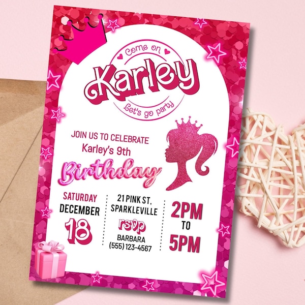 Pink Fashion Doll Birthday Party Invitation, Girl Invitation, Pink Sparkle Invite, Instant Digital Download, Printable Editable Template