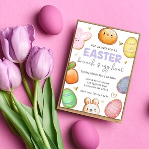 May include: A light purple and white Easter brunch invitation with a bunny, chick, and egg illustrations. The invitation reads "Hop on over for an Easter brunch & egg hunt" with the date and time, address, and RSVP information.