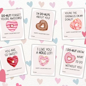 Cartes de Saint-Valentin donut pour enfants, étiquettes cadeaux imprimables VDay pour étudiants, cartes de Saint-Valentin pour classe, cartes donut sucrées pour camarade de classe