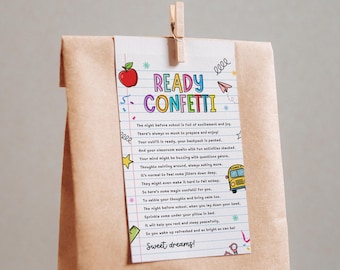 Ready Confetti Printable Tag: First Day of School Jitter Calming Gift (PDF Download)