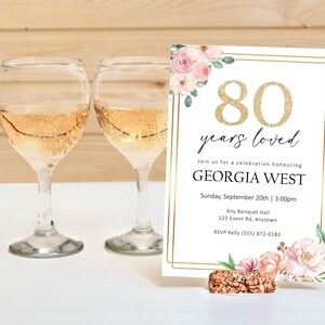80歳、70歳、90歳の誕生日パーティーの招待状、ピンクの花柄の愛された年招待状、シニアのお祝い、デジタルダウンロード、印刷可能で編集可能なテンプレート