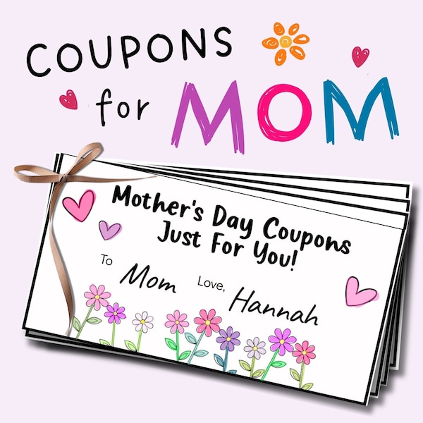 Mother's Day Coupons, Gift for Mom from Kids, Printable Editable Coupons,Personalized Mom Coloring Coupon Book, Mother's Day Gift from Child