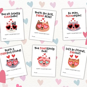 Cartes de Saint-Valentin sur le thème des chats pour enfants, étiquettes-cadeaux imprimables VDay Kitty, chaton mignon bricolage carte de Saint-Valentin étudiants camarades de classe