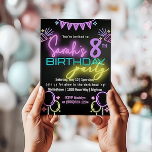 Neon Glow Birthday Invitation: Editable Girl Party Invite (Digital Download)