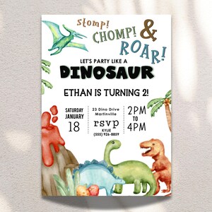 Invitación de cumpleaños de dinosaurio: ¡Pisotón, rugido y más! Invitación editable para fiesta de dinosaurios (descarga digital) imagen 5