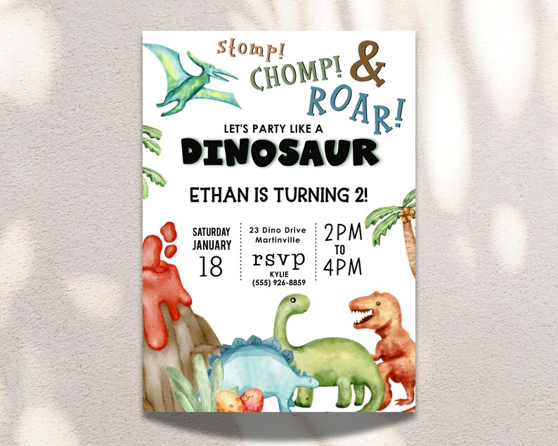Invitación de cumpleaños de dinosaurio: ¡Pisotón, rugido y más! Invitación editable para fiesta de dinosaurios (descarga digital) imagen 5