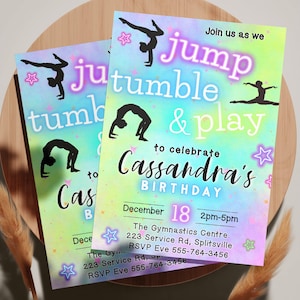Gymnastics Birthday Invitation: Jump, Tumble & Play (Printable Editable Template)