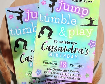 May include: A colorful invitation for a birthday party with a gymnastics theme. The invitation features a rainbow background with stars and silhouettes of gymnasts. The text reads "Join us as we jump, tumble & play to celebrate Cassandra's Birthday, December 18, 2pm-5pm, The Gymnastics Centre, 223 Service Rd, Splitsville, RSVP Eve 555-764-3456".