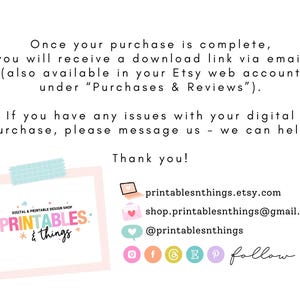 May include: A digital and printable design shop logo with the text "PRINTABLES: & things" in pink, blue, and green lettering. The logo is surrounded by a white border and a pink and blue checkered pattern.