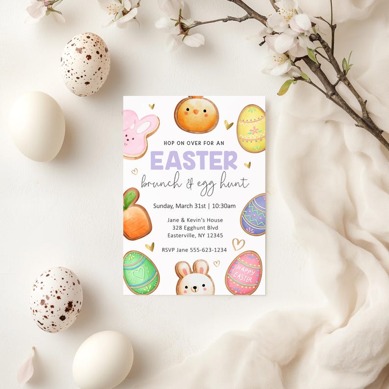 May include: An invitation to an Easter brunch and egg hunt. The invitation features a white background with colorful illustrations of Easter eggs, bunnies, and carrots. The text on the invitation reads "Hop on over for an Easter brunch & egg hunt" and includes the date, time, address, and RSVP information.