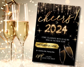 Silvesterpartyeinladung, NYE Einladung, Neujahr einladen, DIY bearbeitbare NYE Einladung, 2024 Party, Schwarz und Gold Partyeinladung