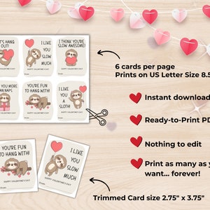 Op de afbeelding: Afdrukbare Valentijnsdagkaarten met schattige luiaard-illustraties met verschillende berichten. De kaarten zijn ontworpen om 6 per pagina af te drukken op standaard US letterformaat papier, en elke kaart meet 2,75 inch bij 3,75 inch wanneer ze worden bijgesneden.
