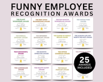 May include: A set of 25 printable funny employee recognition awards. The awards are designed to be printed on 8.5 x 11 inch paper and feature a variety of humorous titles such as "The Plant Whisperer Award", "The Best Zoom Background Award", and "The Always Late, But Worth the Wait Award".