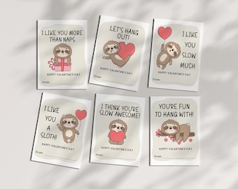 Luiaard-valentijnskaarten voor kinderen: afdrukbare VDay-cadeaukaartjes (pdf)