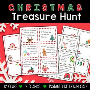 Búsqueda del tesoro navideña para niños, búsqueda del tesoro para niños, tarjetas imprimibles de búsqueda del tesoro, pistas de búsqueda del tesoro navideña, juegos de interior para niños.