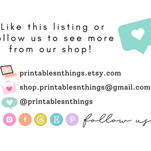 May include: A graphic with the text "Like this listing or follow us to see more from our shop!" and contact information for the shop, including a website, email address, and social media handles. The social media icons include Instagram, Facebook, Twitter, Etsy, and Pinterest.