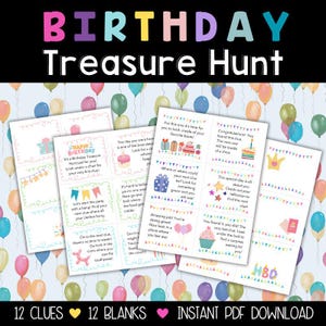 Geburtstags-Schatzsuche für Kinder, Kinderschnitzeljagd, druckbare Schatzsuchekarten, Schnitzereihinweise, Innenspaß-Bday-Spiele für Kinder.