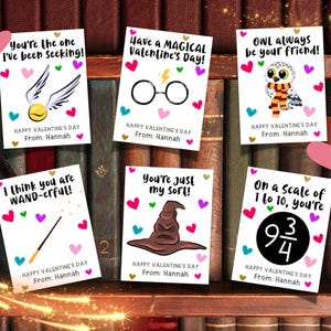 Cartes de sorcellerie modifiables pour la Saint-Valentin pour enfants, étiquettes magiques de la Saint-Valentin, cartes Vday pour la classe des étudiants, carte de sorcellerie magique sortilège de hibou baguette