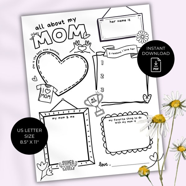 Mother's Day All About Mom Fill In Blanks Printable Craft, Gift for Mom from Child, School or Daycare Craft, Mother's Day Keepsake for Mum