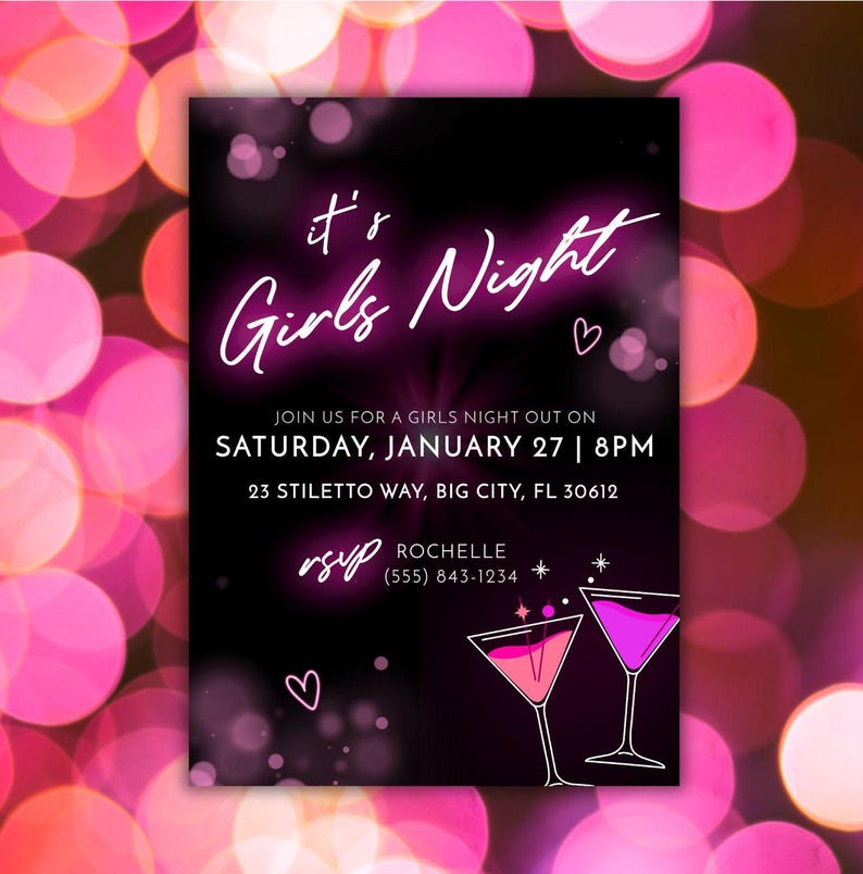 Girls Night Out Invitation: Neon Pink, Editable Bachelorette Party ...
