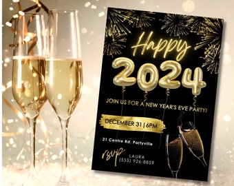 Silvesterpartyeinladung, NYE Einladung, Neujahr einladen, DIY bearbeitbare NYE Einladung, 2024 Party, Schwarz und Gold Partyeinladung