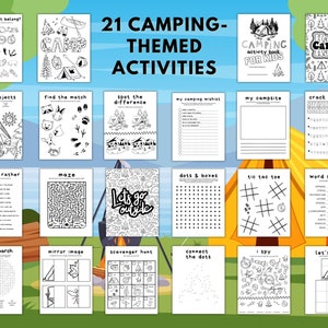 May include: A printable activity book for kids with 21 camping-themed activities. The book includes activities like word searches, mazes, connect the dots, and more. The cover features a tent, a campfire, and the words "Camping Activity Book for Kids".