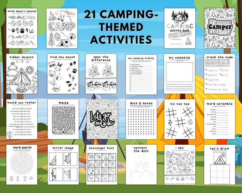 May include: A printable activity book for kids with 21 camping-themed activities. The book includes activities like word searches, mazes, connect the dots, and more. The cover features a tent, a campfire, and the words "Camping Activity Book for Kids".