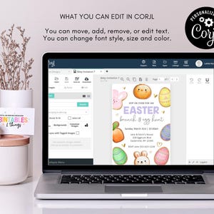 May include: A digital invitation for an Easter brunch and egg hunt. The invitation features a purple background with a watercolor illustration of Easter eggs, bunnies, and a peach. The text reads "Hop on over for an Easter brunch & egg hunt" with the date, time, and location listed below.